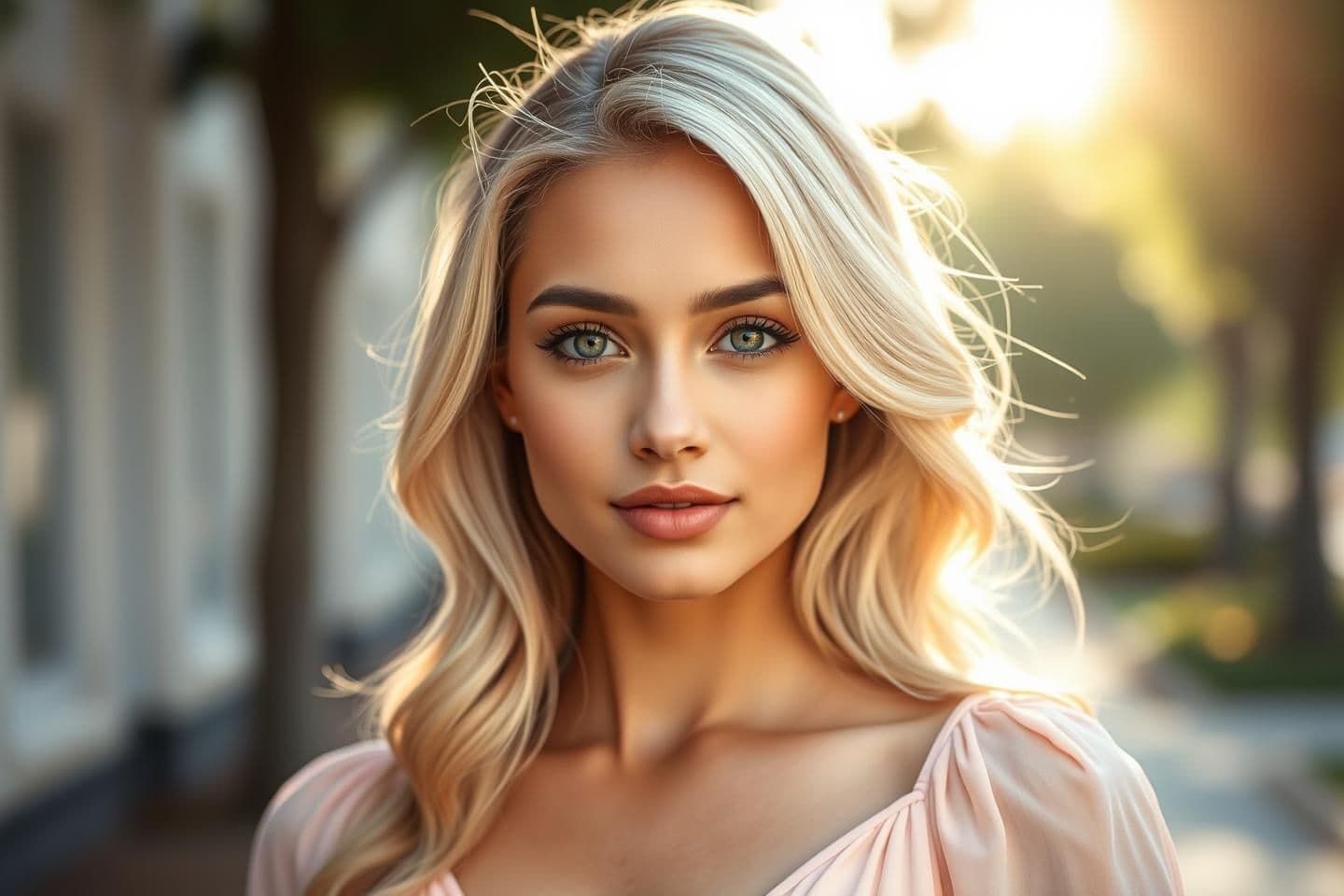 AI generated: Generate an image of A beautiful young American/Indian woman with fair skin, soft natural makeup, and bright expressive eyes. She has silky blonde hair styled in loose waves that f