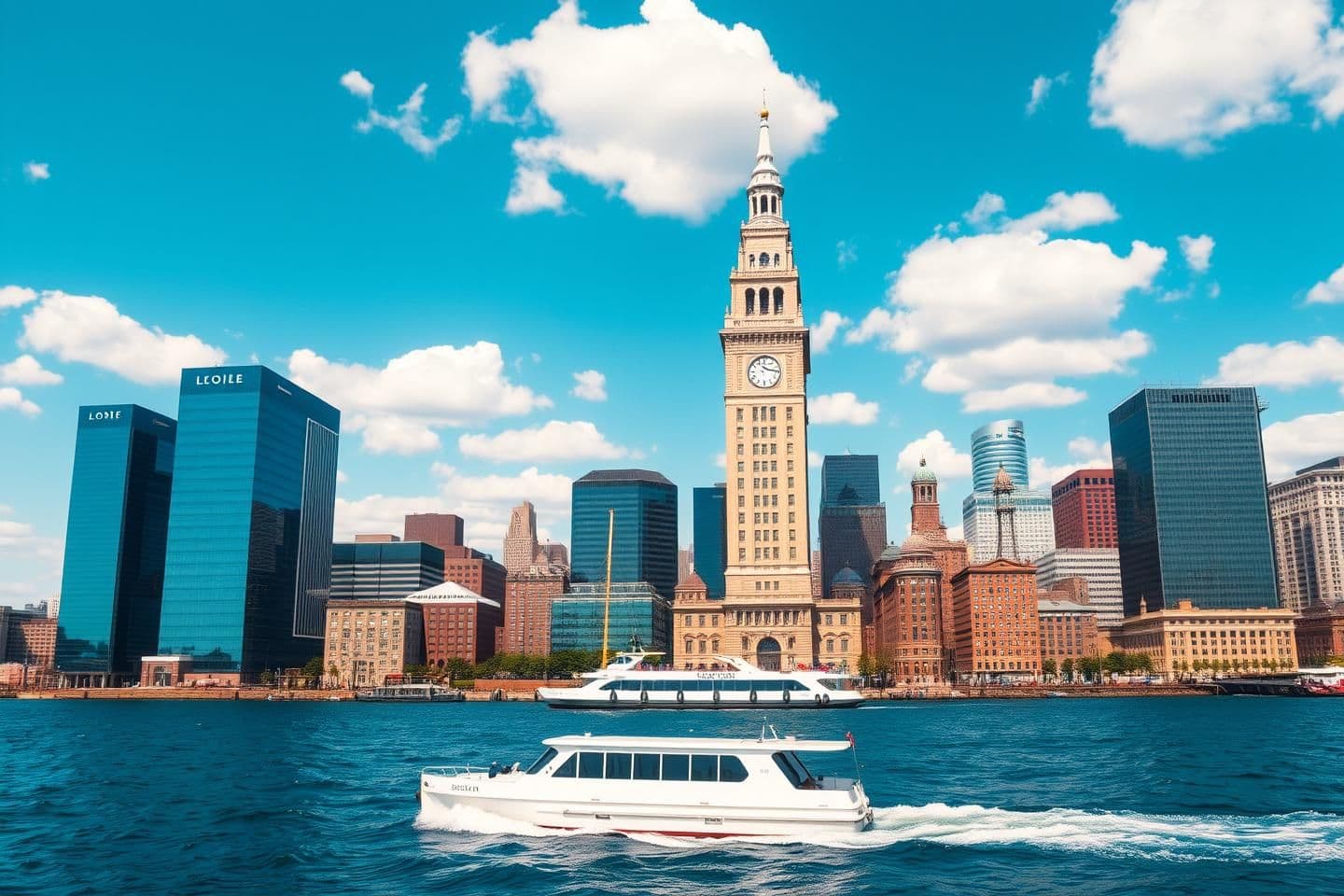AI generated: A A photorealistic wide landscape shot of the Boston skyline viewed from the water. Dominated by the Custom House Tower, a tall beige clock tower with a spire in the center. Surrou