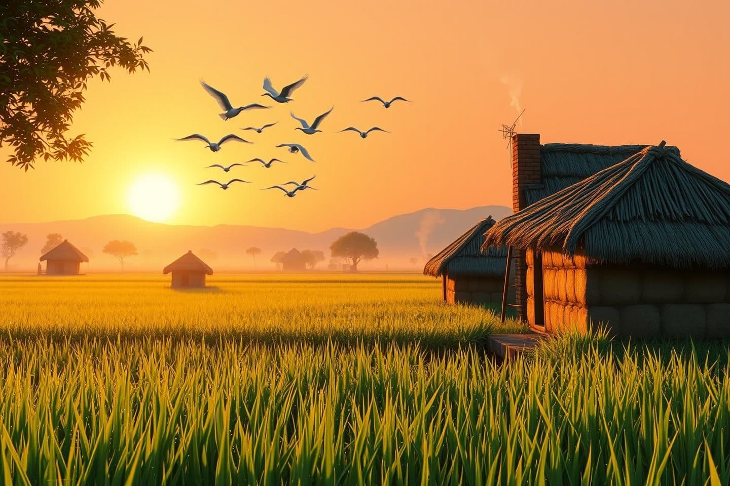 AI generated: 2D hand-drawn animation, ultra-detailed cinematic title card, 16:9 widescreen masterpiece. Epic rural Bengal sunrise: first golden rays slicing through thin morning mist like liqui