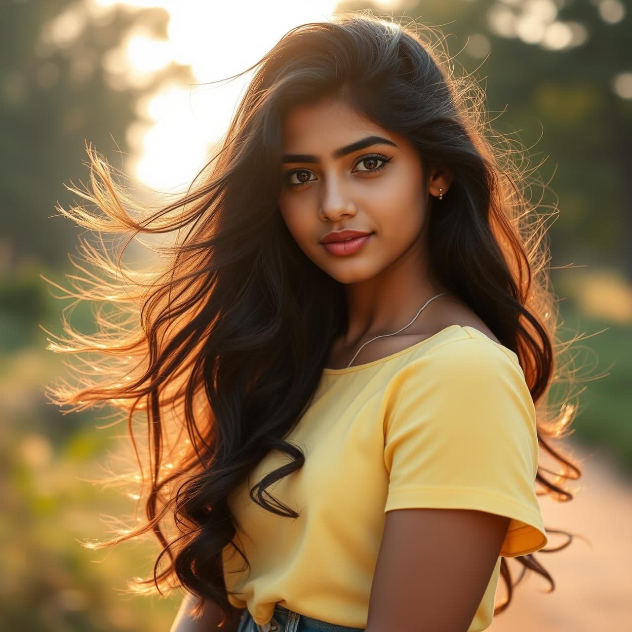 AI generated: “21-year-old Indian girl outdoors in soft golden sunlight, long black wavy hair blowing gently, warm glowing skin, expressive eyes, wearing a pastel yellow top and jeans, standing
