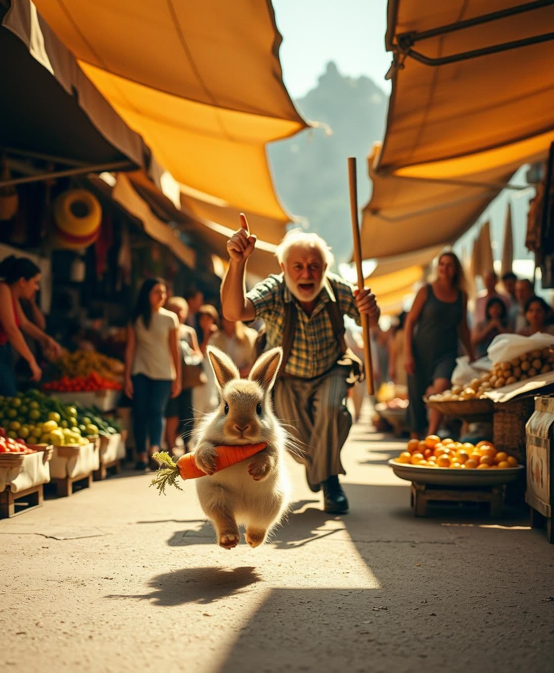 AI generated: charming, cinematic photograph capturing a humorous chase scene in a bustling, sun-drenched outdoor bazaar. A tiny, fluffy baby rabbit zooms in the foreground, clutching a large st