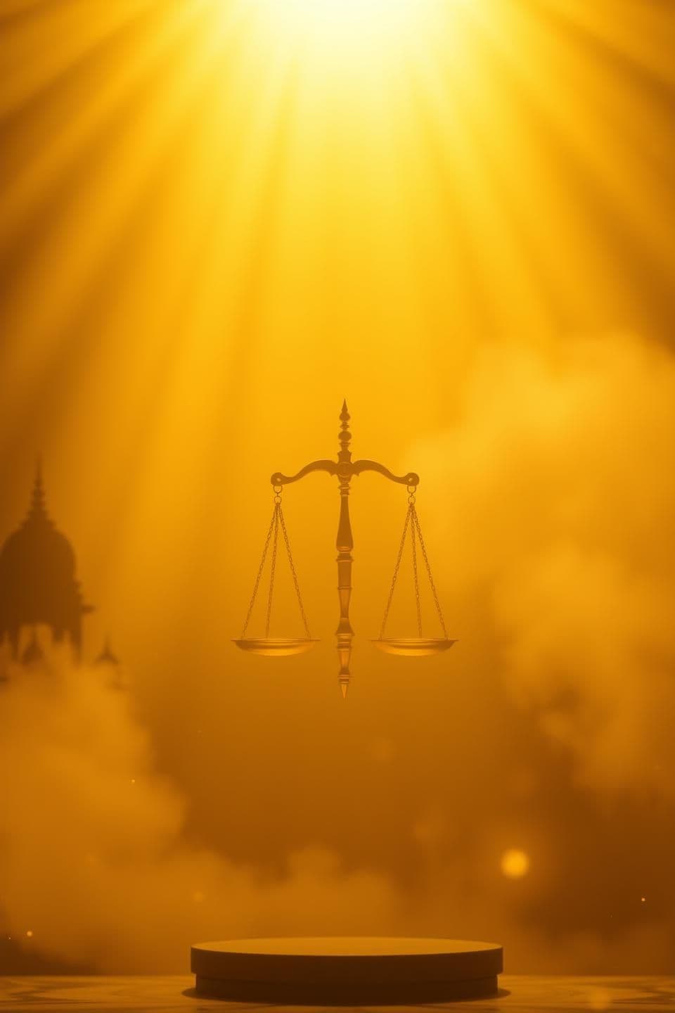 AI generated: A 9:16 cinematic spiritual opening shot. Warm golden light, soft fog, and faint Indian temple silhouettes in the background. A glowing divine balance scale slowly appears at the ce