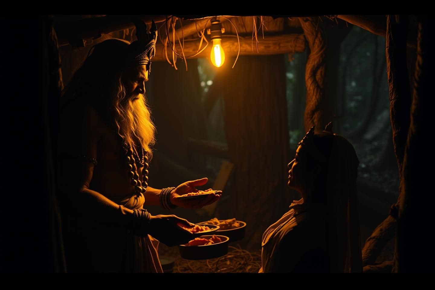 AI generated: cinematic, 4k“Ravana disguised as an old sage (Sadhu) standing before Sita at the forest hut. Sita offers him food with kindness. The atmosphere slightly dark, mysterious tension i