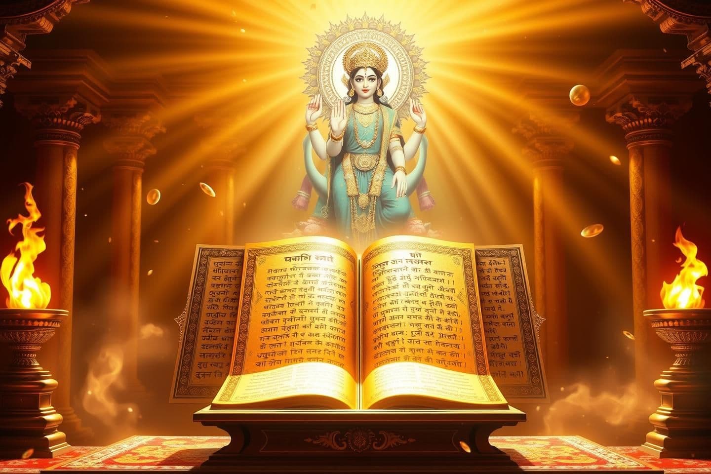 AI generated: Create a 16:9 high-resolution YouTube thumbnail for “Shrimad Devi Bhagwat Mahapuran – Beginning”. Show a grand ancient Vedic scripture glowing with golden divine light, placed on a