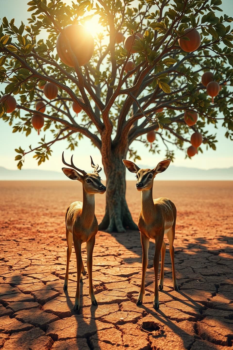 AI generated: Ultra HD 4K, Hyper-Realistic, 3D Rendered Cinematic Shot.
A huge watermelon tree stands in the middle of the dry cracked desert ground,
but now the tree has no watermelons left — e