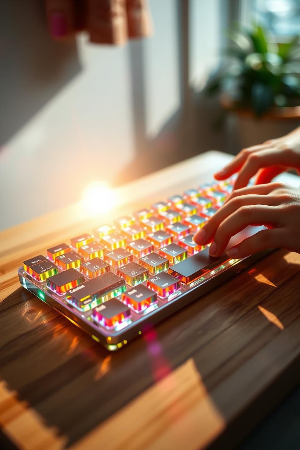 AI generated: Shot in extreme macro perspective, a flawless, crystal-clear, and detail-rich rainbow colored glass keyboard rests on a wooden cutting board and sunlight casts a warm glow, creatin