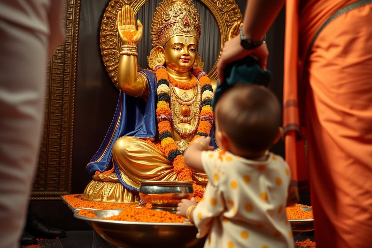 AI generated: “Ultra-realistic devotional video: golden deity statue seated with one hand raised, other hand resting on a metal bowl, covered in orange sindoor. A child steps forward slowly whil