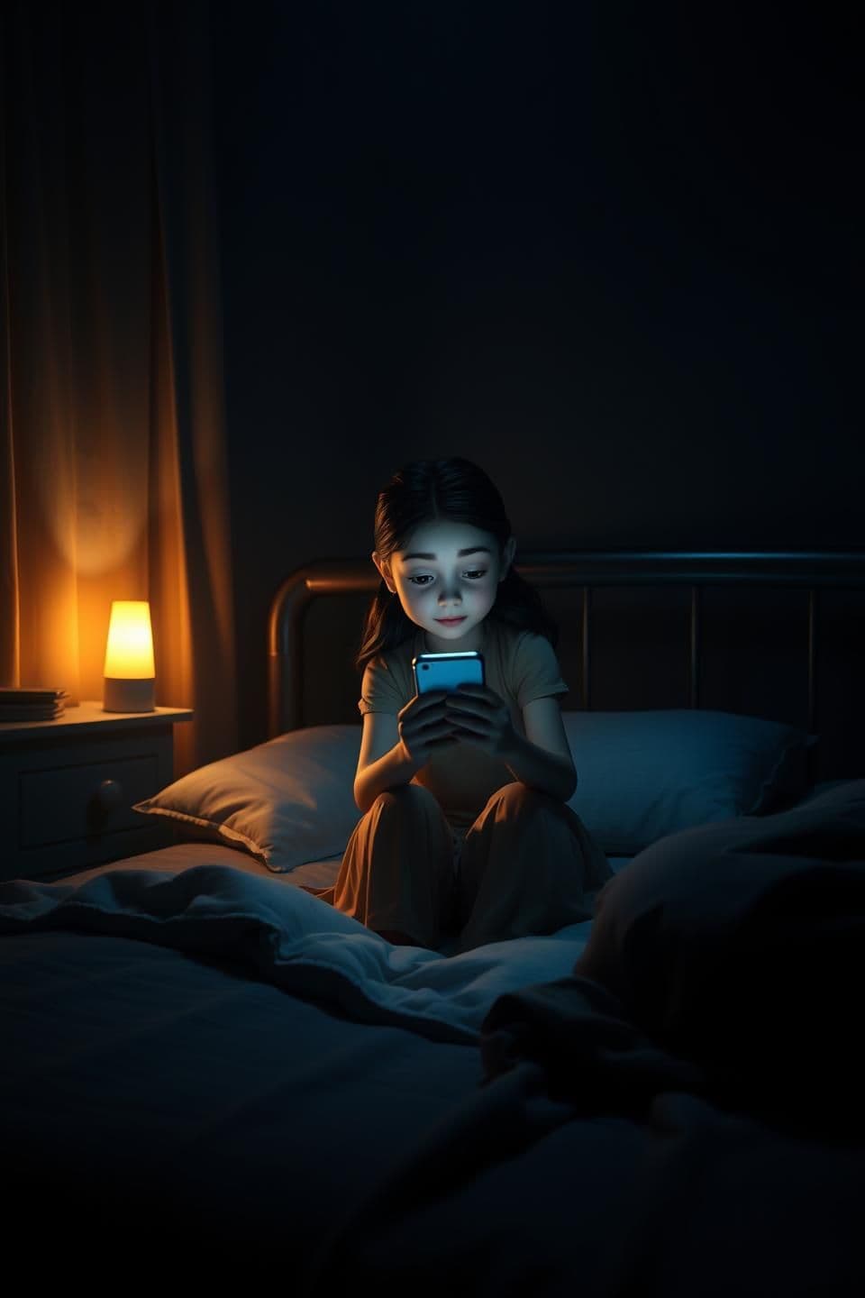 AI generated: A dark bedroom lit only by a phone screen, a young Indian girl sitting on bed scrolling her phone at midnight, sudden power cut makes everything dark, only a small torch light glow