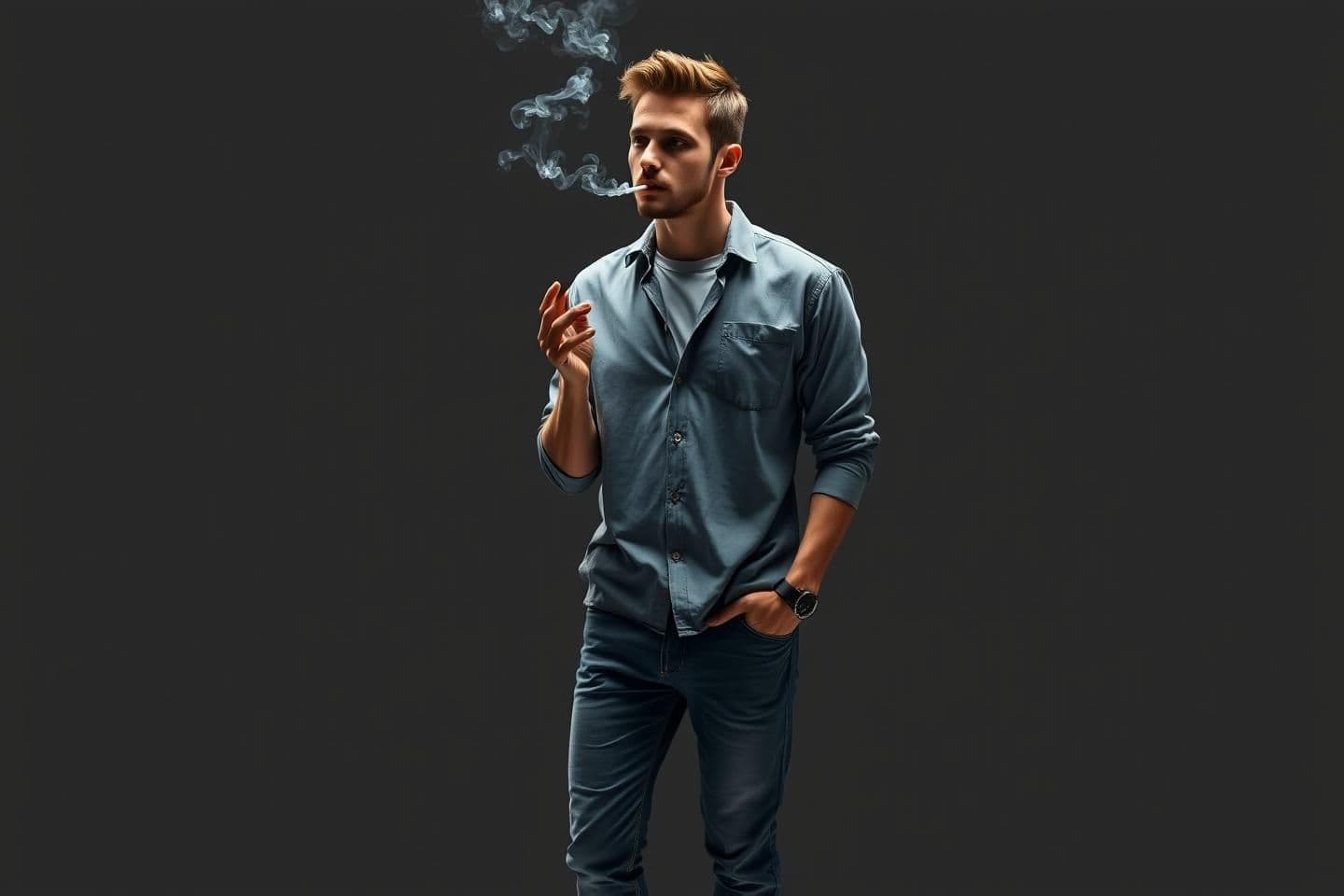 AI generated: "Full-body PNG of a 28-year-old man standing casually, smoking a cigarette. Thin smoke rising around his face. He is wearing a modern casual outfit — fitted shirt, jeans, and sneak