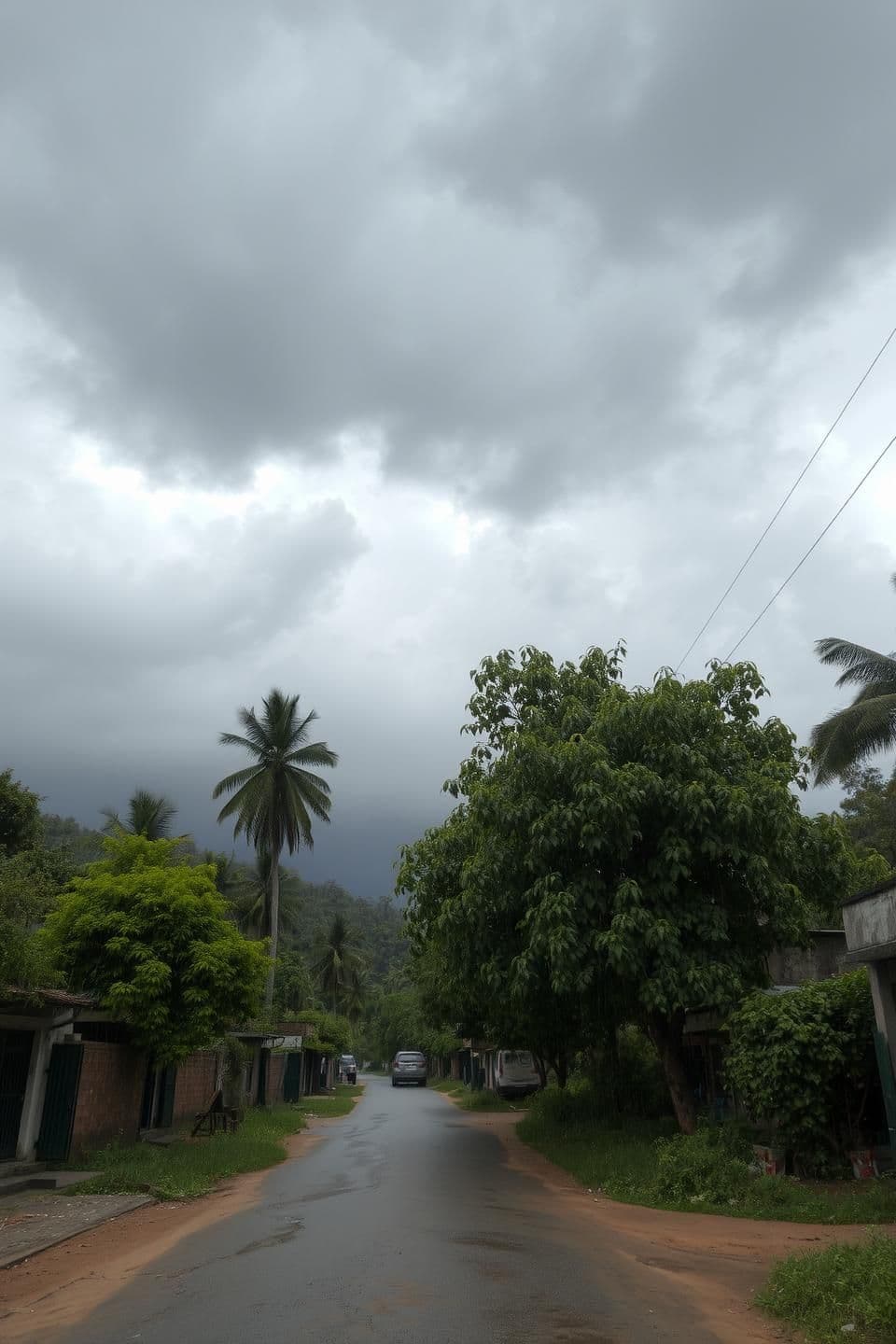 AI generated: A dramatic monsoon scene: beautifully adorned rain clouds arrive in the sky like honored guests. A lively breeze dances ahead of them, rustling through open doors and windows in a