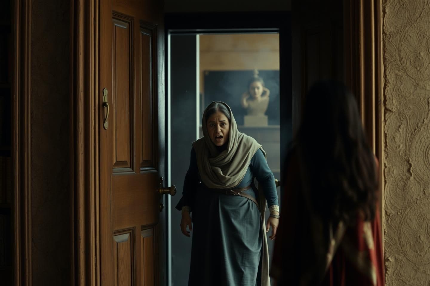 AI generated: Old wooden door bursting open violently, photorealistic Lara (30-year-old Pakistani woman from library) standing in the doorway with an angry expression, shouting at Sheeza, dust p