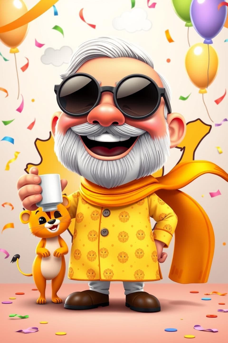 AI generated: “A cute and funny 3D cartoon version of Narendra Modi giving a big cheerful smile, wearing oversized round sunglasses and holding a tiny cup of chai. He is standing in front of a c