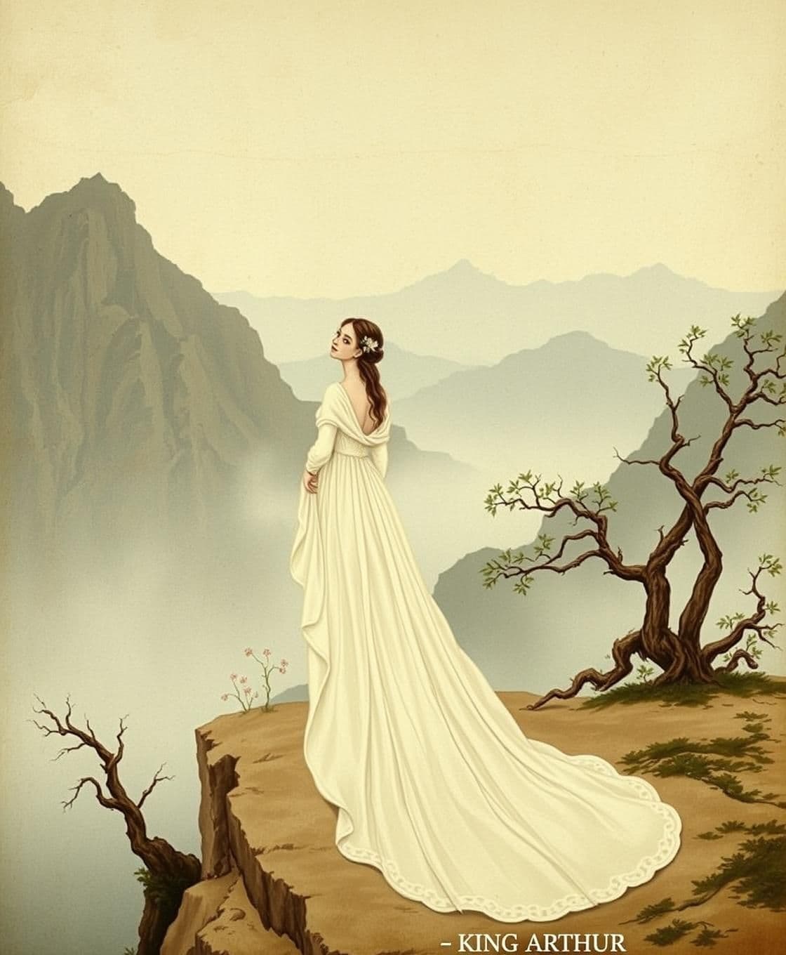 AI generated: Prompt: "Ancient 12th–14th century vertical (9:16) painting: a bride standing gracefully on a misty cliff, flowing gown with soft folds, old trees scattered nearby, distant mountai