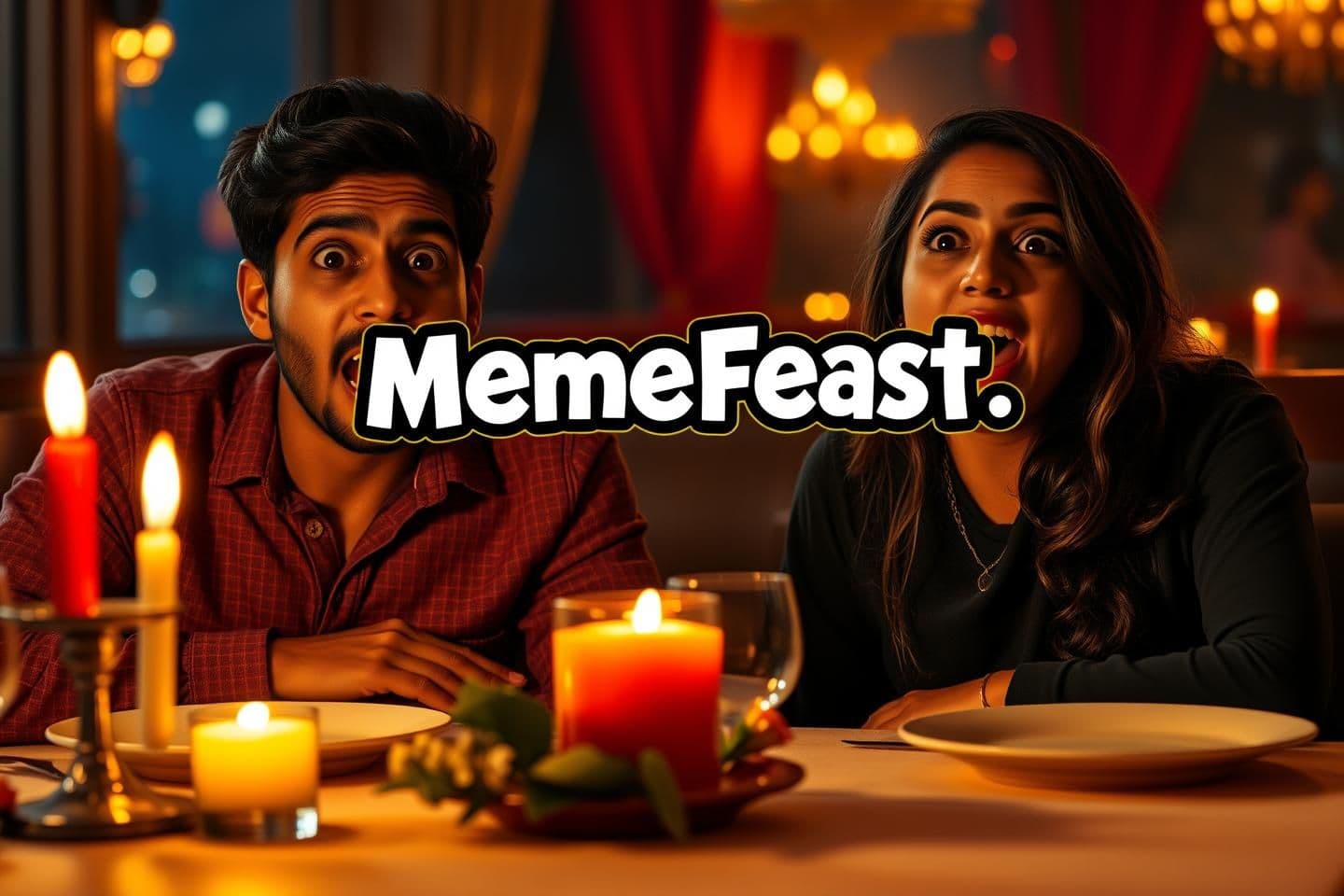 AI generated: A young Indian couple (guy on left, girl on right) sitting at a romantic candle-lit restaurant table on their first date, both with extremely shocked, wide-eyed, mouth-open hilario
