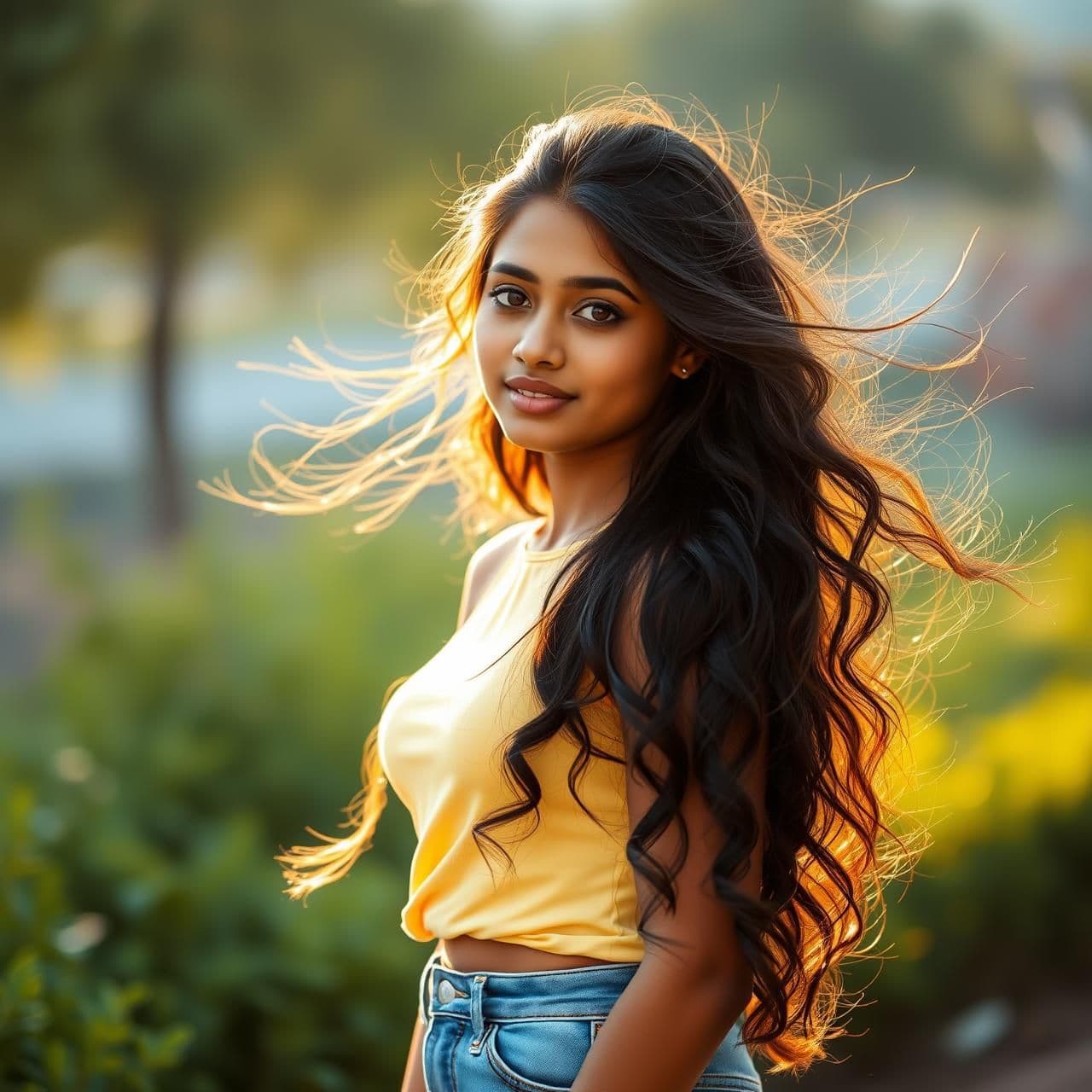 AI generated: “21-year-old Indian girl outdoors in soft golden sunlight, long black wavy hair blowing gently, warm glowing skin, expressive eyes, wearing a pastel yellow top and jeans, standing