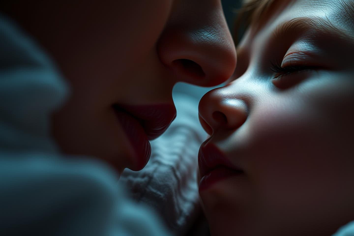 AI generated: Extreme close-up: mother’s lips softly pressed against her sleeping son’s lips, her eyes closed in guilt and ecstasy, faint moonlight on their faces, soft breath visible, intimate