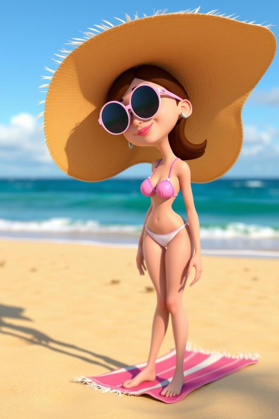 AI generated: 3D cartoon female character on a sunny beach,
wearing big sunhat and round sunglasses,
slim stylized long body and limbs,
pink and white beach outfit,
standing on a towel, bending