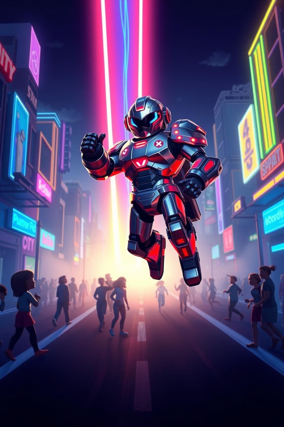 AI generated: IMPORTANT: Generate with all text in Hindi script only. 🎙 VOICEOVER:
"Early in the morning, the Funny-Funny Bots were roaming around Neon City, ticking and ticking. Suddenly, the