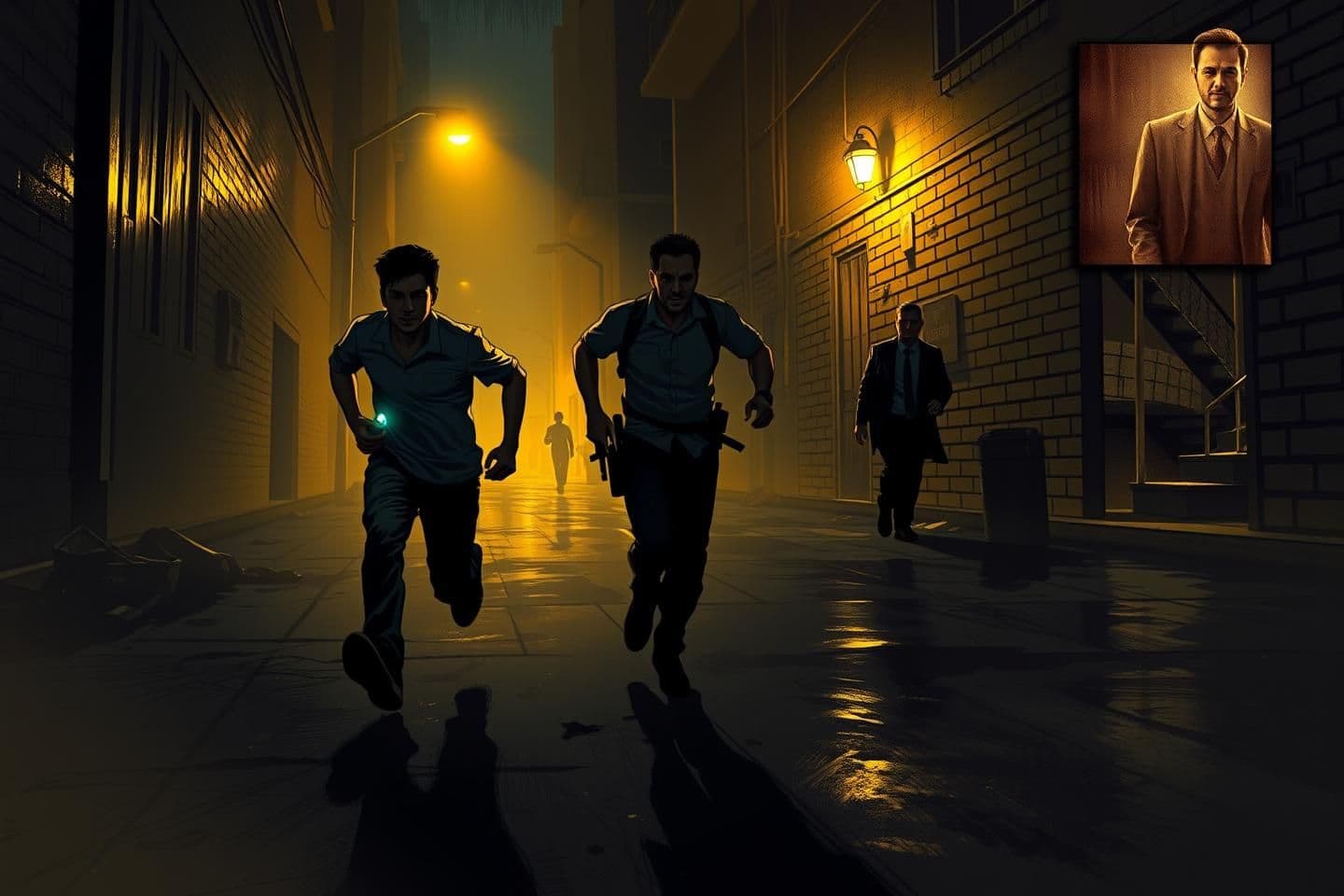 AI generated: "A tense nighttime city scene in a dimly lit alley. Two young men are sprinting—one slightly ahead clutching a small glowing flash drive, the other close behind, fear and determina