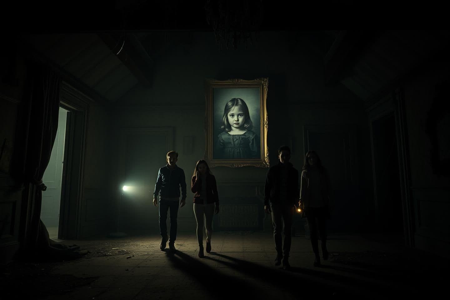 AI generated: Night scene inside an abandoned haunted mansion located in the mountains of a small mysterious town. Time is around 12 AM, the atmosphere is foggy and cold. Four young friends (two