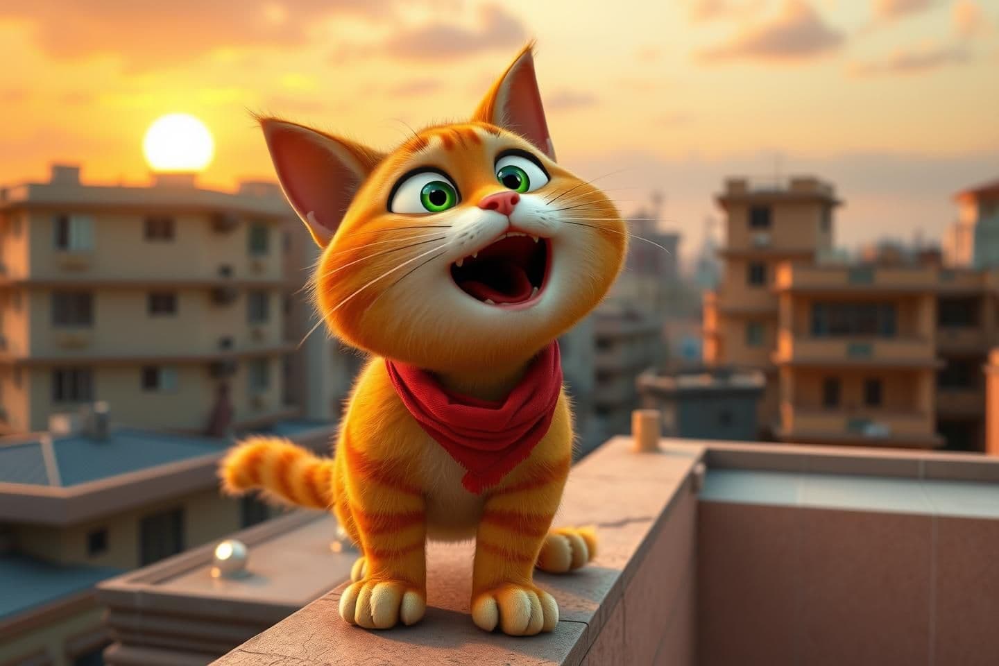 AI generated: A chubby orange tabby cat with big green eyes standing on a rooftop ledge, shouting dramatically with mouth wide open, red scarf around neck, sunset sky, Indian urban buildings in