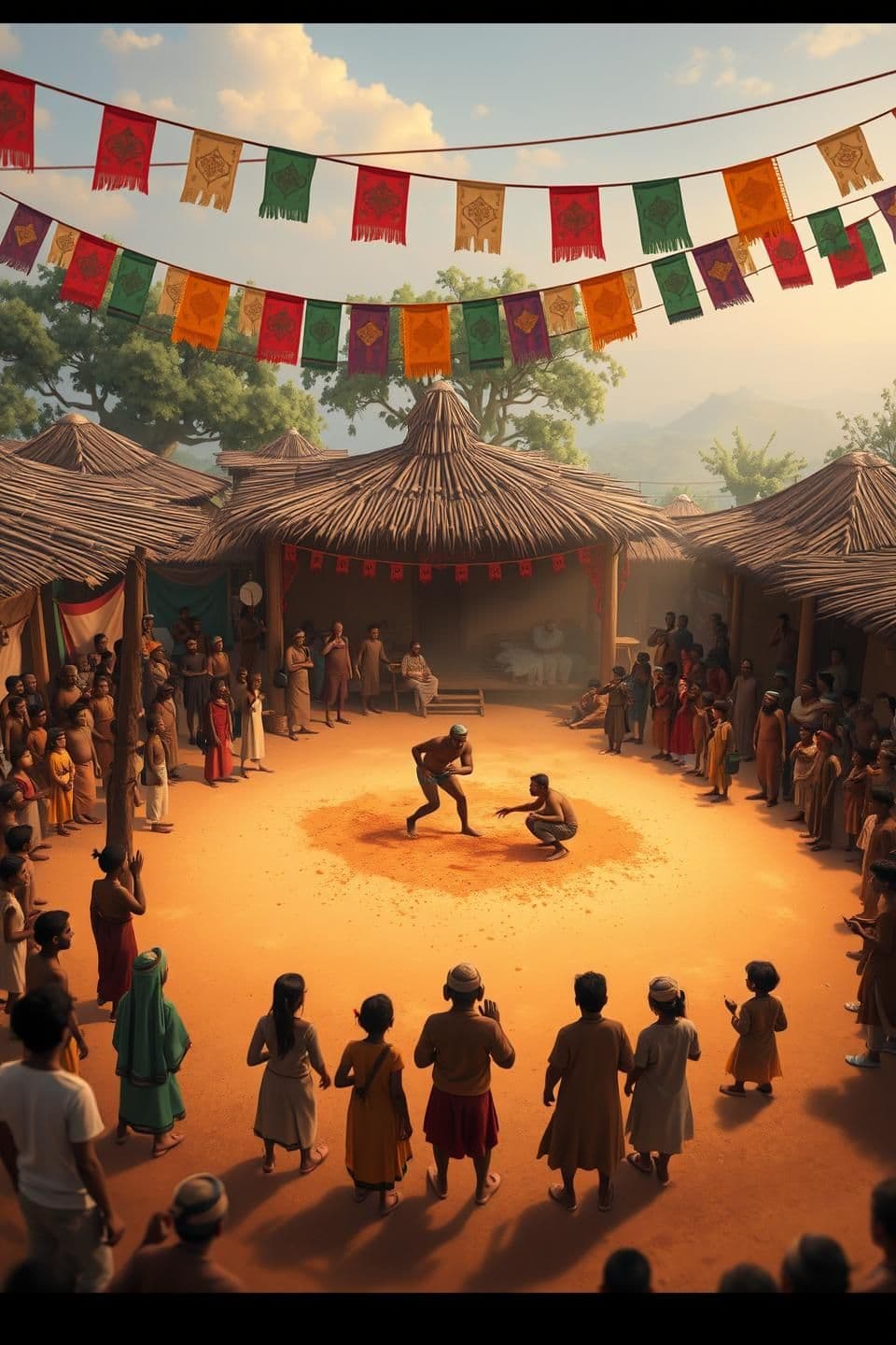 AI generated: A small village scene with a traditional akhada (wrestling arena). Many villagers standing around in excitement, wearing simple rural clothes. Dusty ground, soft evening light, col