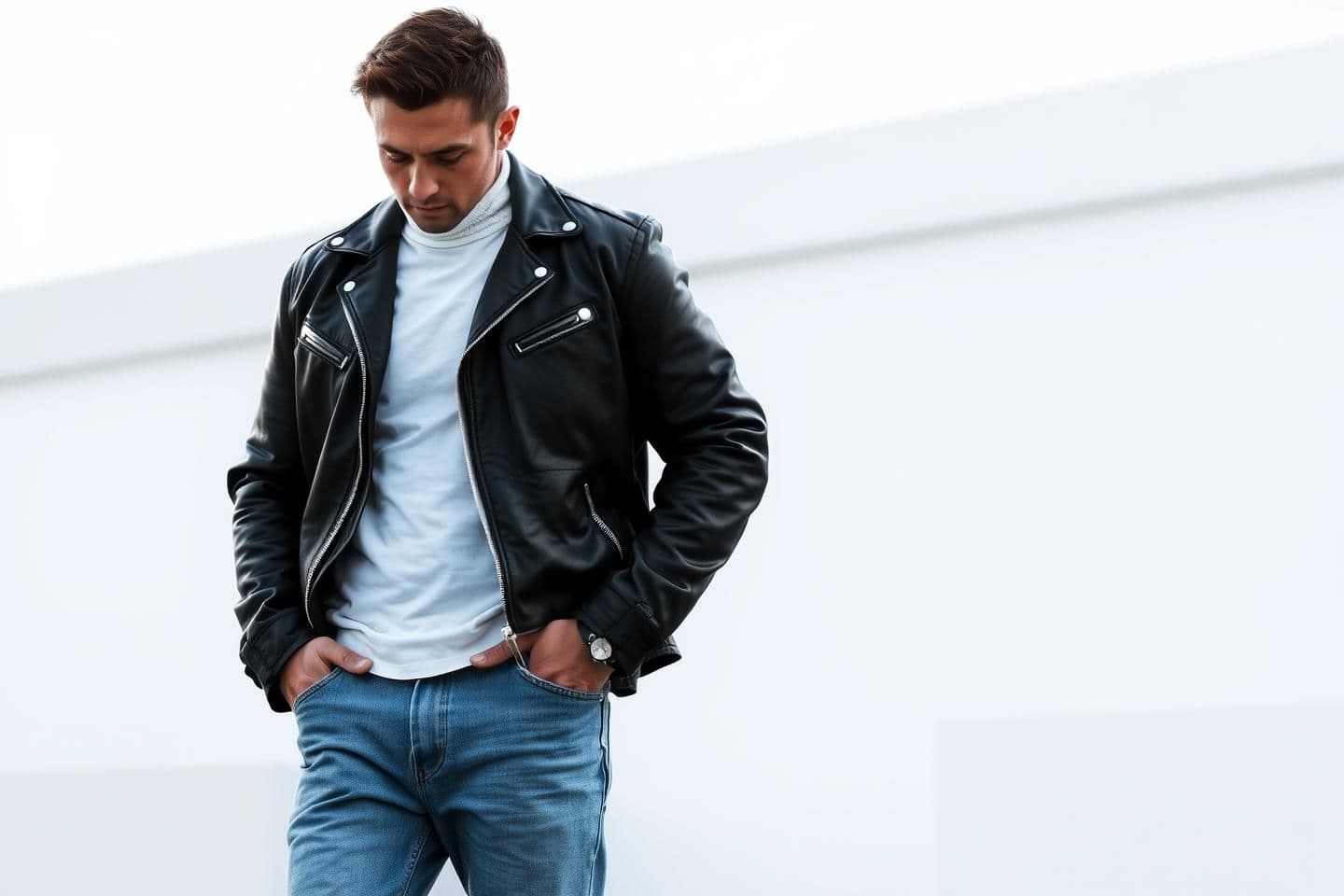 AI generated: Create a man wearing a baggy bootcut jeans and top of that he is wearing a white high neck tucked in and on top of white high neck he is wearing a black t shirt which is also tucke