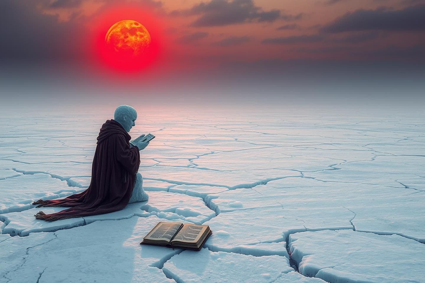 AI generated: Ascetic Snowman kneeling in prayer on icy wasteland under a red sun symbol, ancient scripture frozen beneath cracked ice, Klein observing with notebook cautiously, heat meeting fro