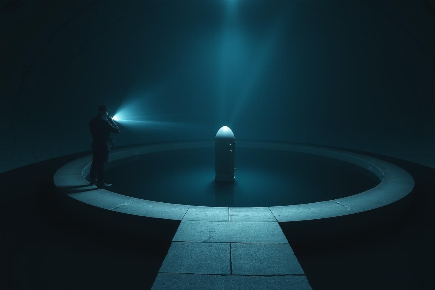 AI generated: Nighttime inside an abandoned Soviet-era underground missile silo flooded with perfectly still black water, a lone figure in black uniform stands on the edge of the circular concre