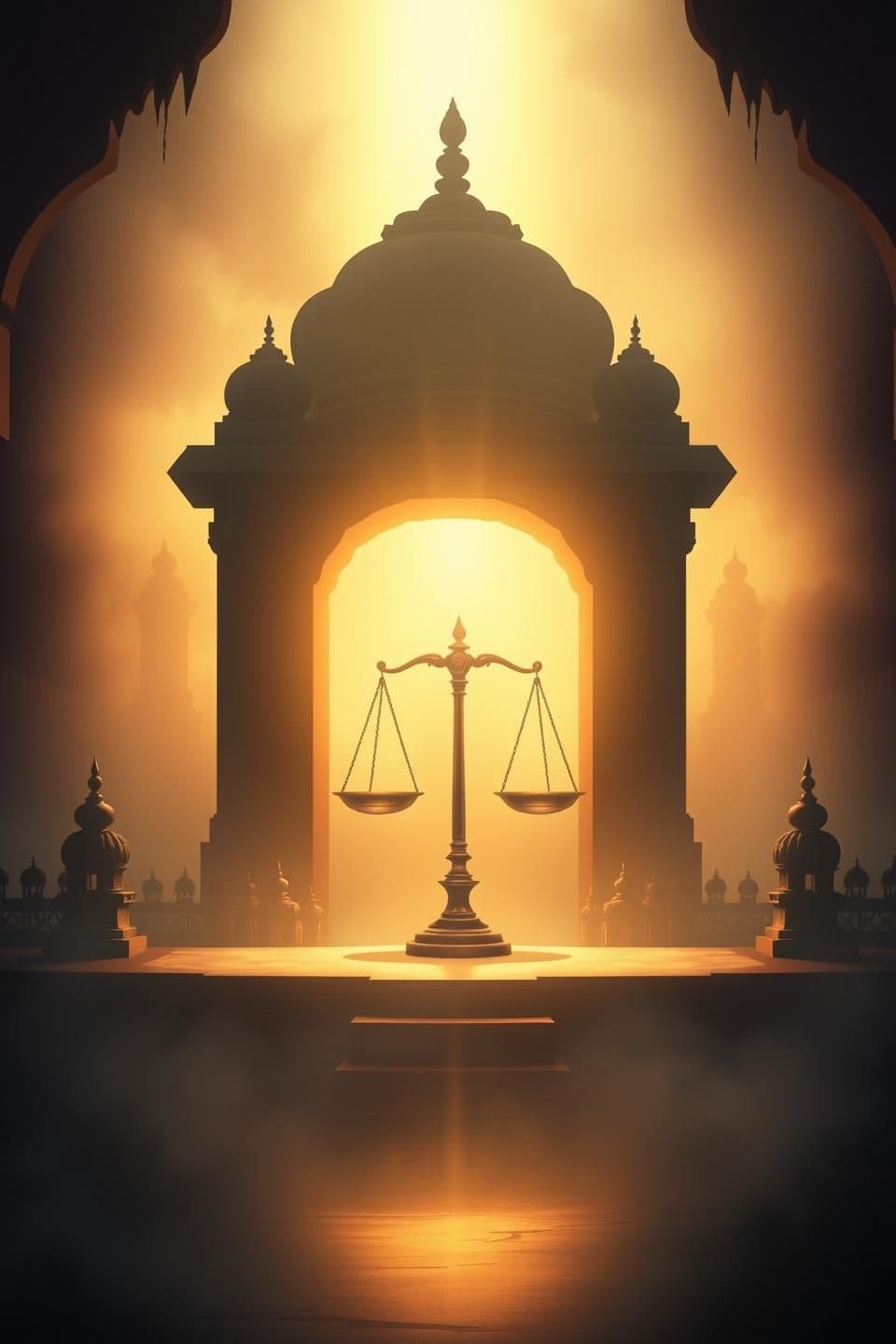 AI generated: A dramatic 9:16 illustration of a mystical ancient background with soft golden light and subtle temple silhouettes. At the center, a symbolic balance scale glowing faintly, represe