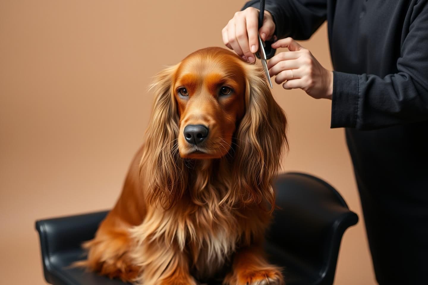 AI generated: “Studio-style photograph of a long-haired brown dog, similar to an Irish Setter, calmly sitting on a black grooming chair. Two groomers’ hands are visible: one gently holding the d