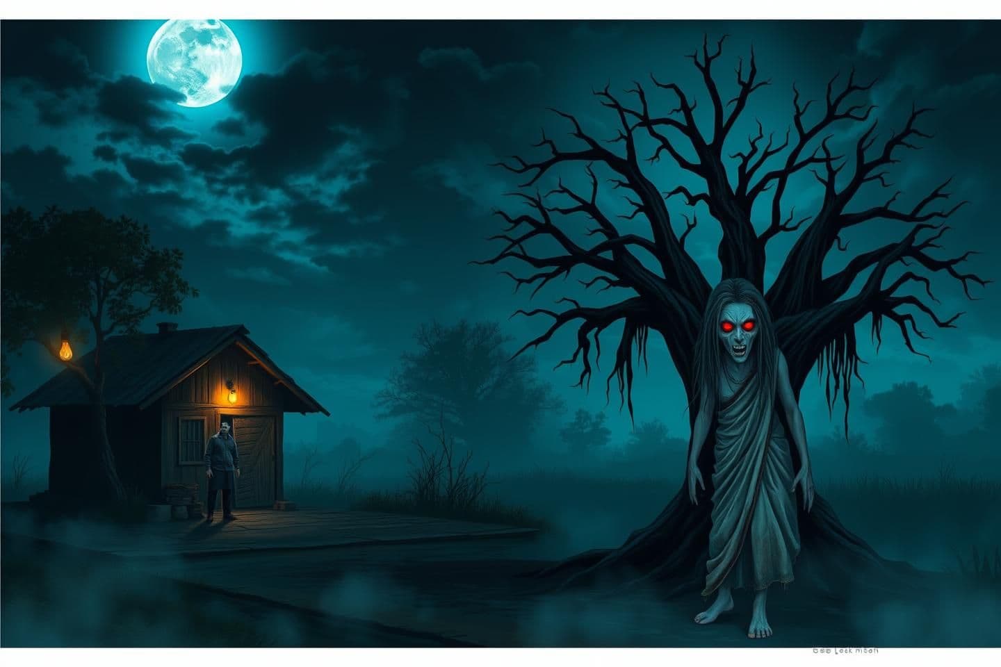AI generated: **“Create a dark 2D horror YouTube thumbnail set at midnight in a lonely village. Show a large creepy tree in the center-right, with a terrifying dayan standing beside it — long me