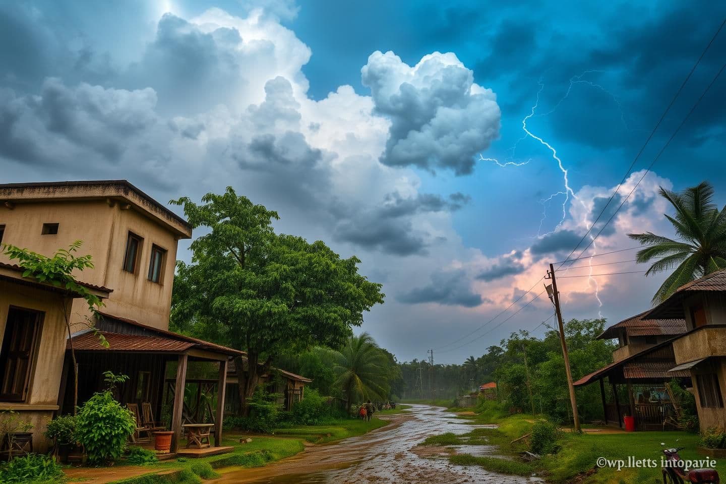 AI generated: A dramatic monsoon scene: beautifully adorned rain clouds arrive in the sky like honored guests. A lively breeze dances ahead of them, rustling through open doors and windows in a