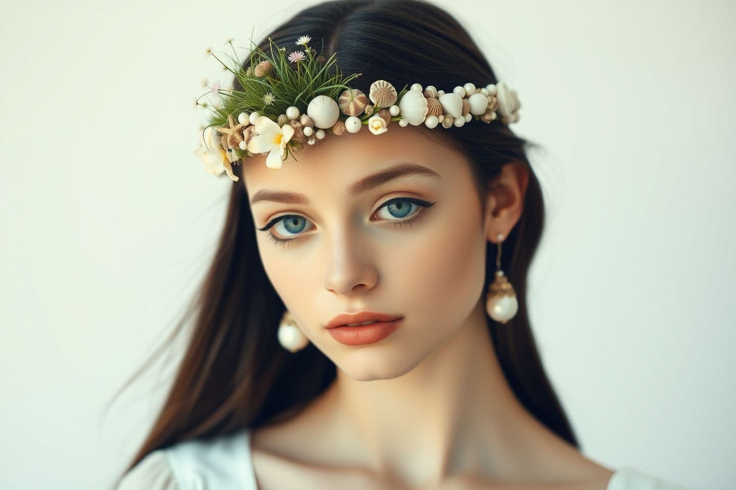 AI generated: A young woman with a small floating garden above her head, tiny flowers and grass gently hovering, soft daylight, dreamy surreal beauty, clean background an elegant crown made of s