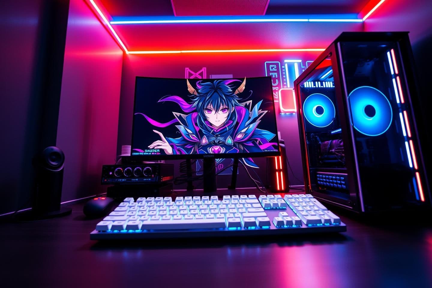 AI generated: A visually stunning, high-contrast, cinematic, 9:16 portrait view of an ultimate aesthetic gaming PC setup, specifically optimized for 'Speed Kings' video editing style and viral Y
