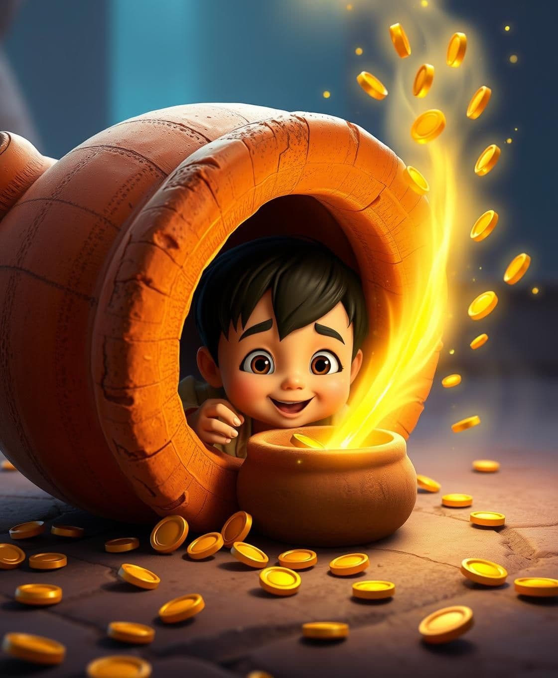 AI generated: IMPORTANT: Generate with all text in Hindi script only. Bright and attractive YouTube thumbnail. A 3D cartoon style (like Pixar). The scene features a small, happy, and curious boy