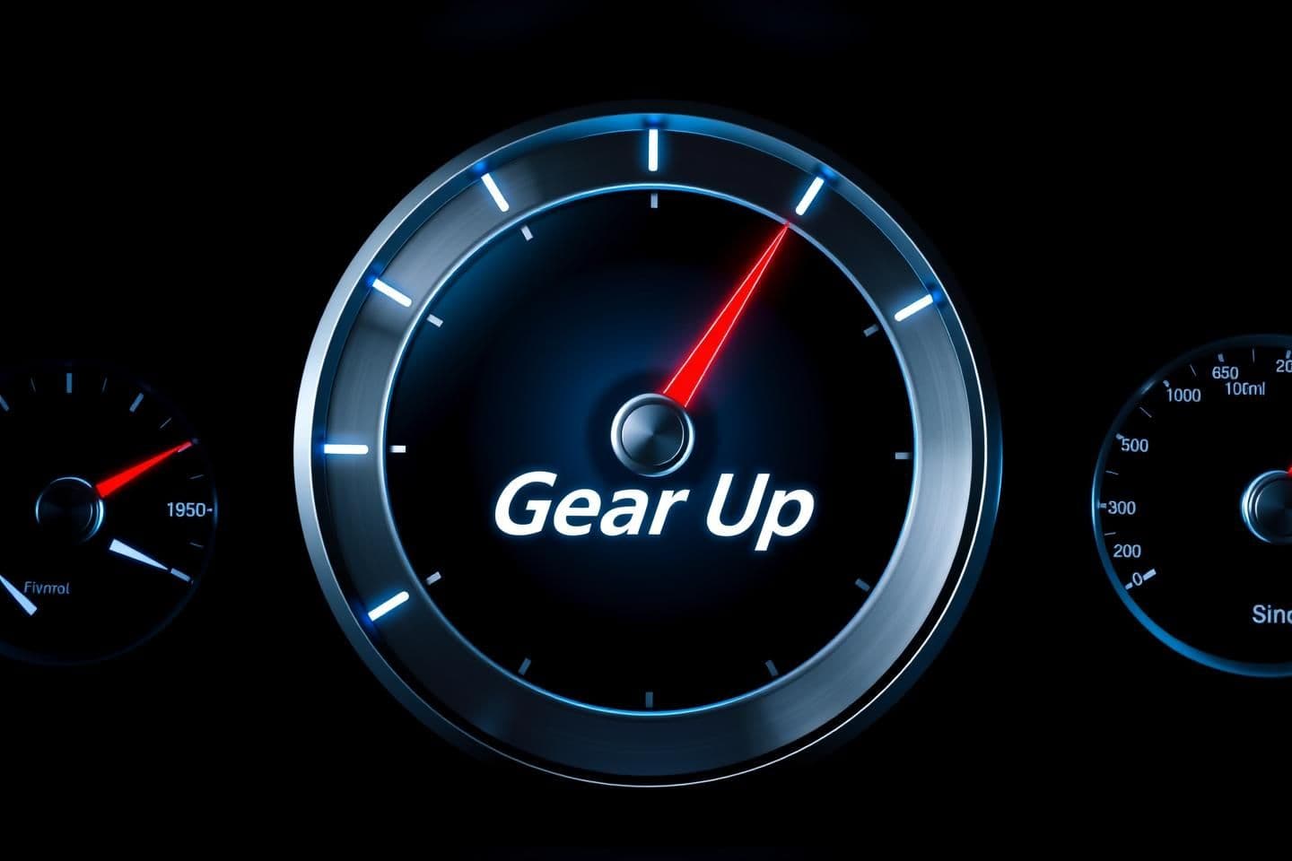 AI generated: A stylized speedometer/tachometer dial set against a dark dashboard-like background. The design features metallic accents and illuminated markings in white and cool blue. A bright