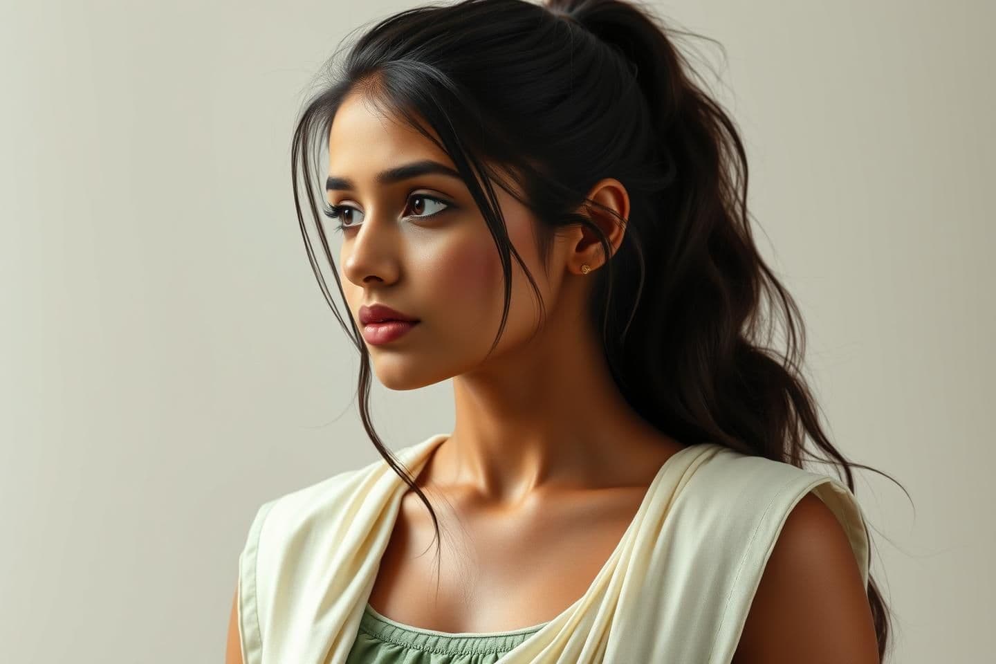 AI generated: Prompt ๐ฐ
A hyper-realistic portrait of the young Indian woman from the uploaded image (Google Gemini refinement), wearing a pastel-dark green sleeveless kurta with thin dhaga str