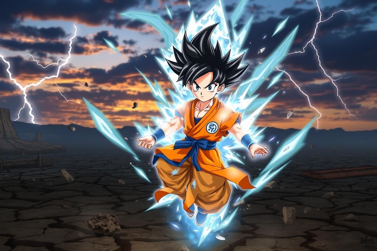 AI generated: A young warrior resembling Goten, with spiky black hair and youthful features, surrounded by a shimmering silver-blue aura. His eyes glow faintly with instinctive power, and his st