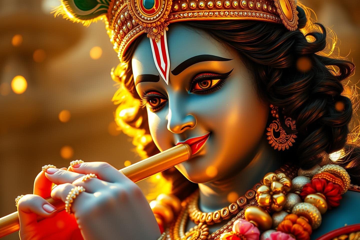 AI generated: “Ultra-realistic close-up portrait of Lord Shri Krishna playing the golden flute, divine blue skin glowing softly in warm golden sunlight, peacock feather crown shining with jewels