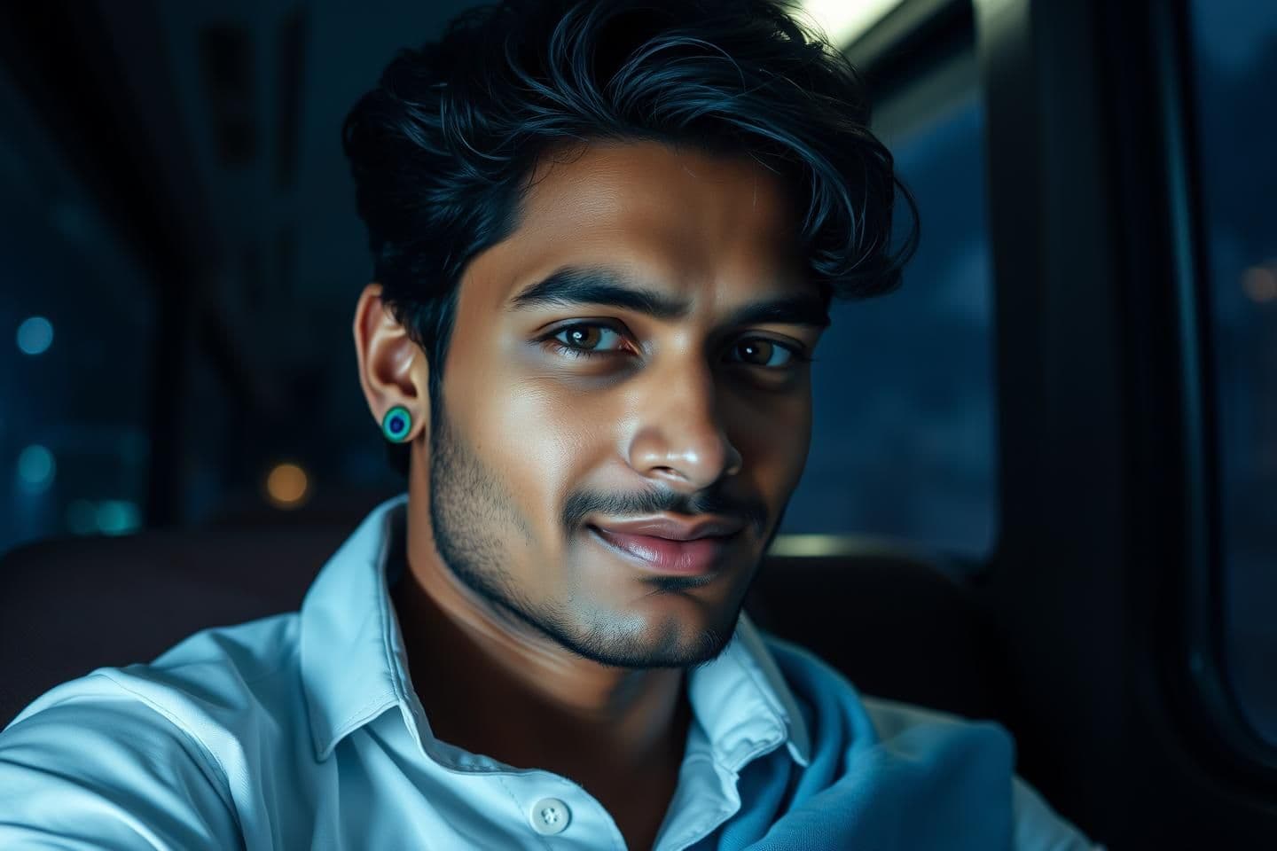 AI generated: A 23-year-old handsome Indian man sitting in a dimly lit bus, wearing a simple white cotton shirt and a light blue stole, subtle curls in hair, small glowing peacock-feather earrin