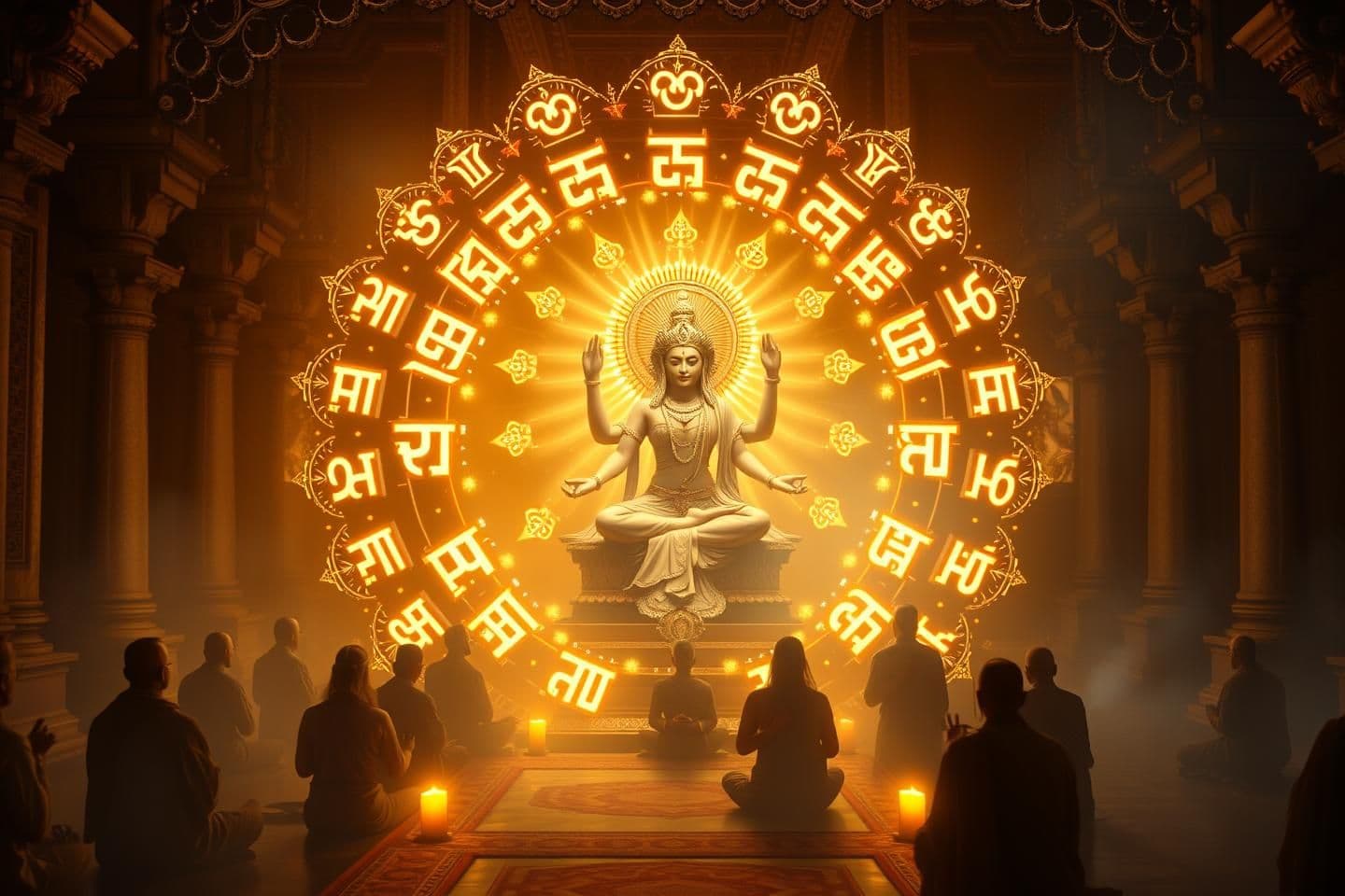 AI generated: A divine and spiritual 16:9 YouTube thumbnail showing the Gayatri Mantra with 24 glowing Sanskrit letters surrounded by golden light, ancient sages (Rishis) meditating, rhythmic Ve