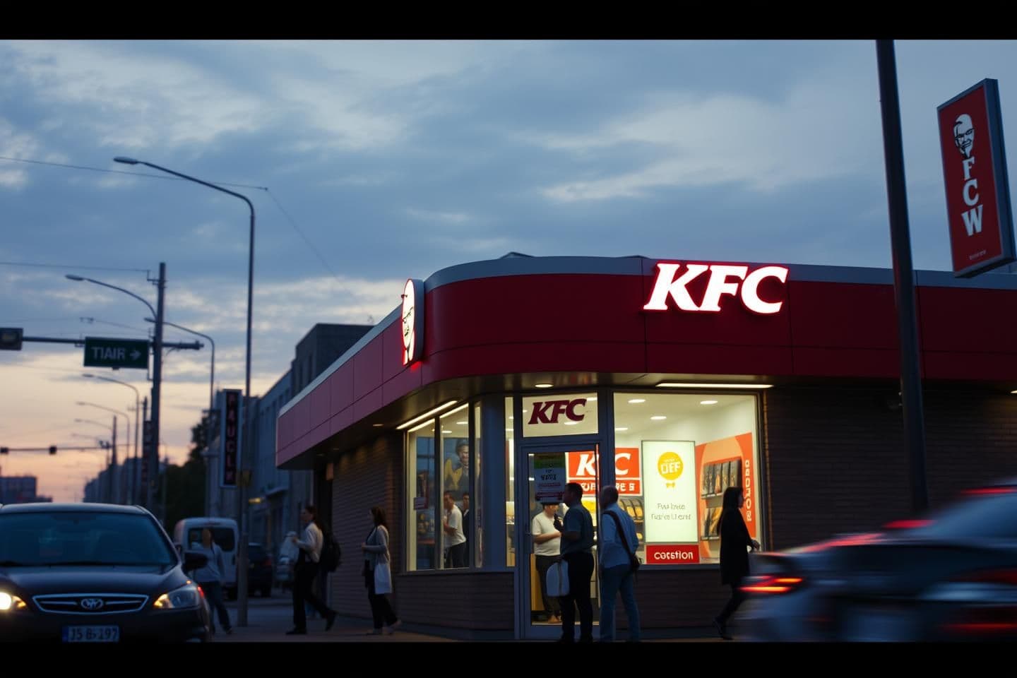 AI generated: A cinematic animeted-style shot of a KFC fast food restaurant in an urban setting, captured during early evening. The iconic red-and-white KFC signage glowing softly against a slig