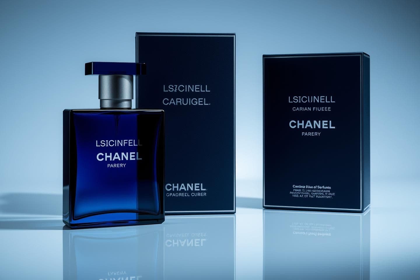 AI generated: Create an original luxury perfume bottle and packaging design inspired by the elegance and depth of midnight blue fragrances. The bottle should be rectangular with clean, sharp edg