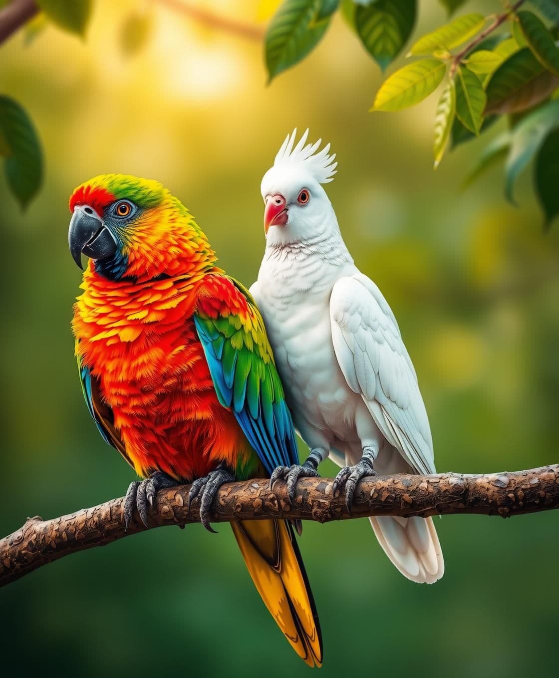 AI generated: Ek “A colorful parrot and a white pigeon sitting together on a tree branch tote aur kabuter ped par baith kar baatein kar rahe the. Tote ne kaha, “Main sabse zyada bol sakta hoon!”