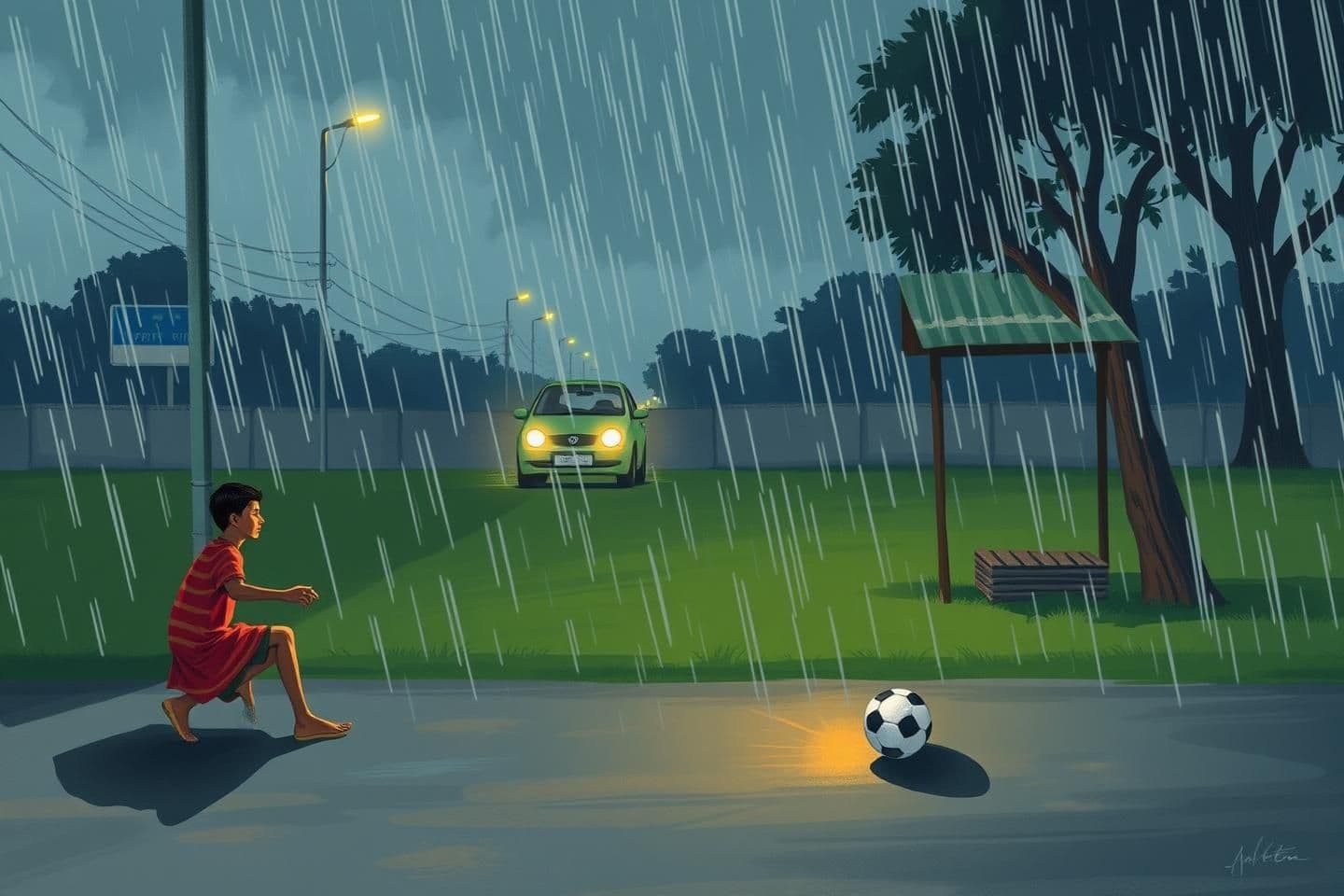 AI generated: IMPORTANT: Generate with all text in Hindi script only. Every evening, at a corner amidst the city's glittering streets, children played football. On that same field-like footpath,