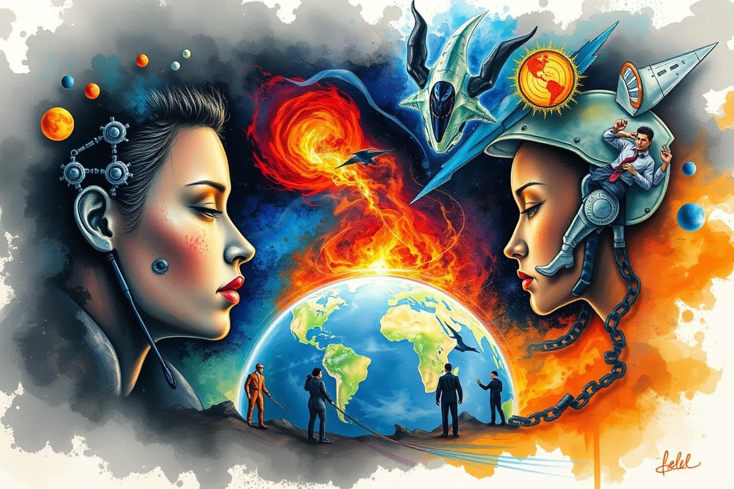 AI generated: Will Al be humanity's greatest ally or its most formidable rival? Participants are invited to visually explore the dynamic relationship between Al and human beings. Your artwork c