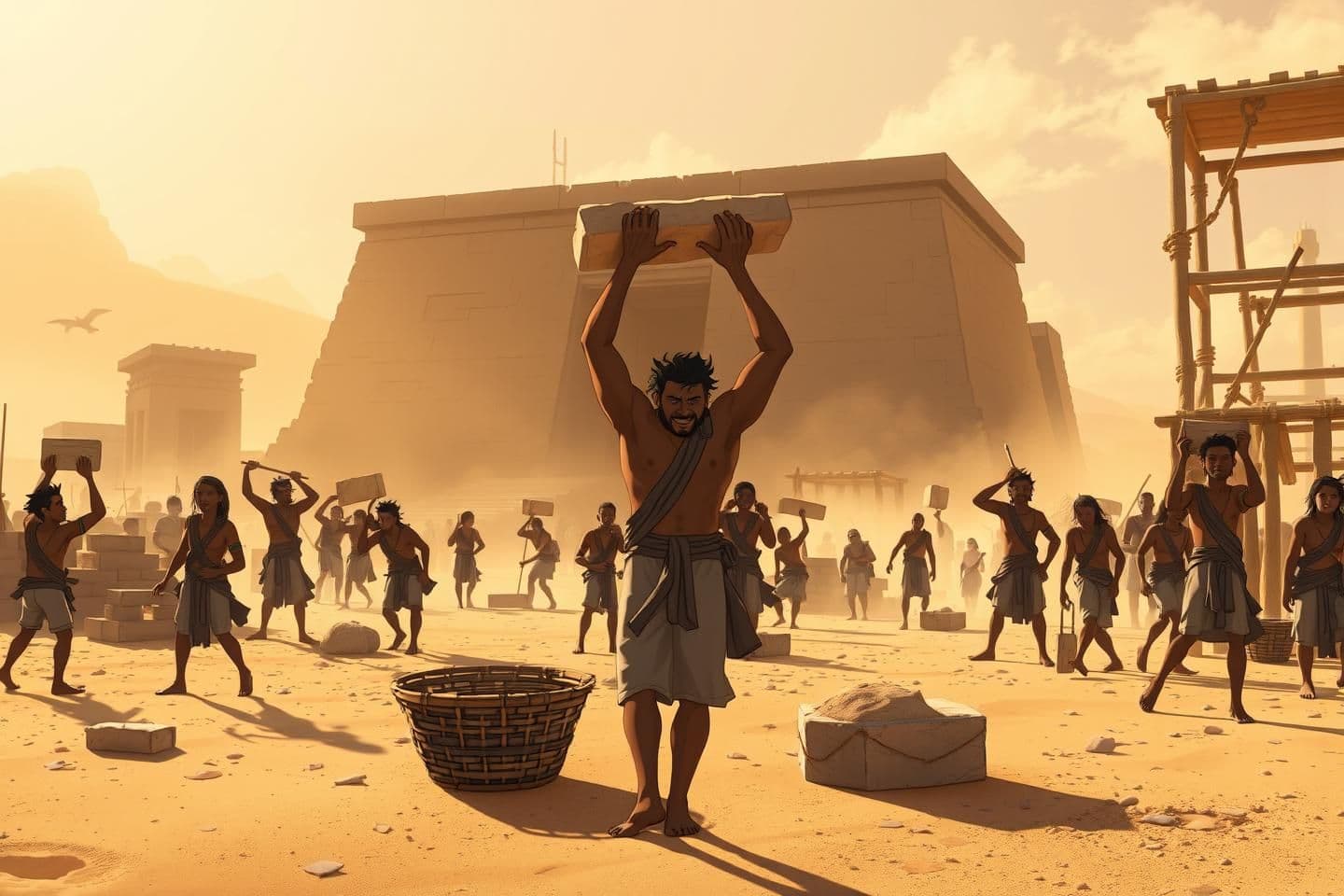 AI generated: নিচে **updated long + detailed + Prince of Egypt–style hand-drawn animation + no standing idle workers + emotional wide shot** — সব মিলিয়ে ঠিক মতো সাজানো **final prompt** দেওয়া হলো