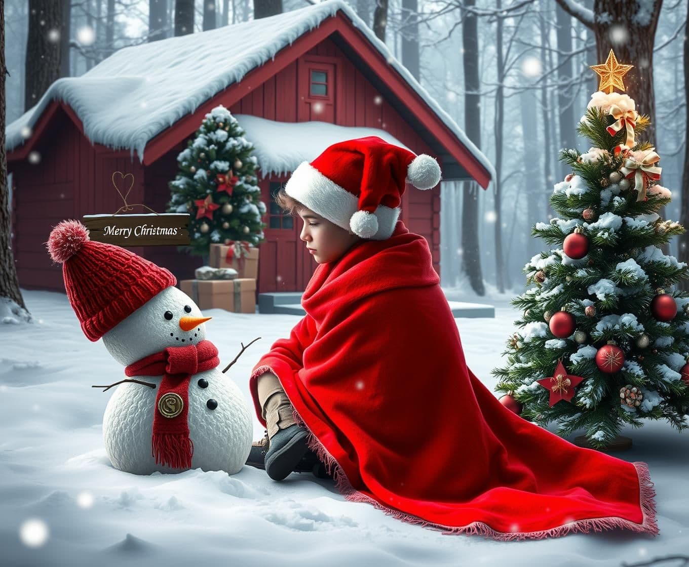 AI generated: "A magical Christmas-themed digital artwork featuring a young man wearing a red Santa hat and wrapped in a bright red shawl, sitting on the ground in a snowy forest. He is looking