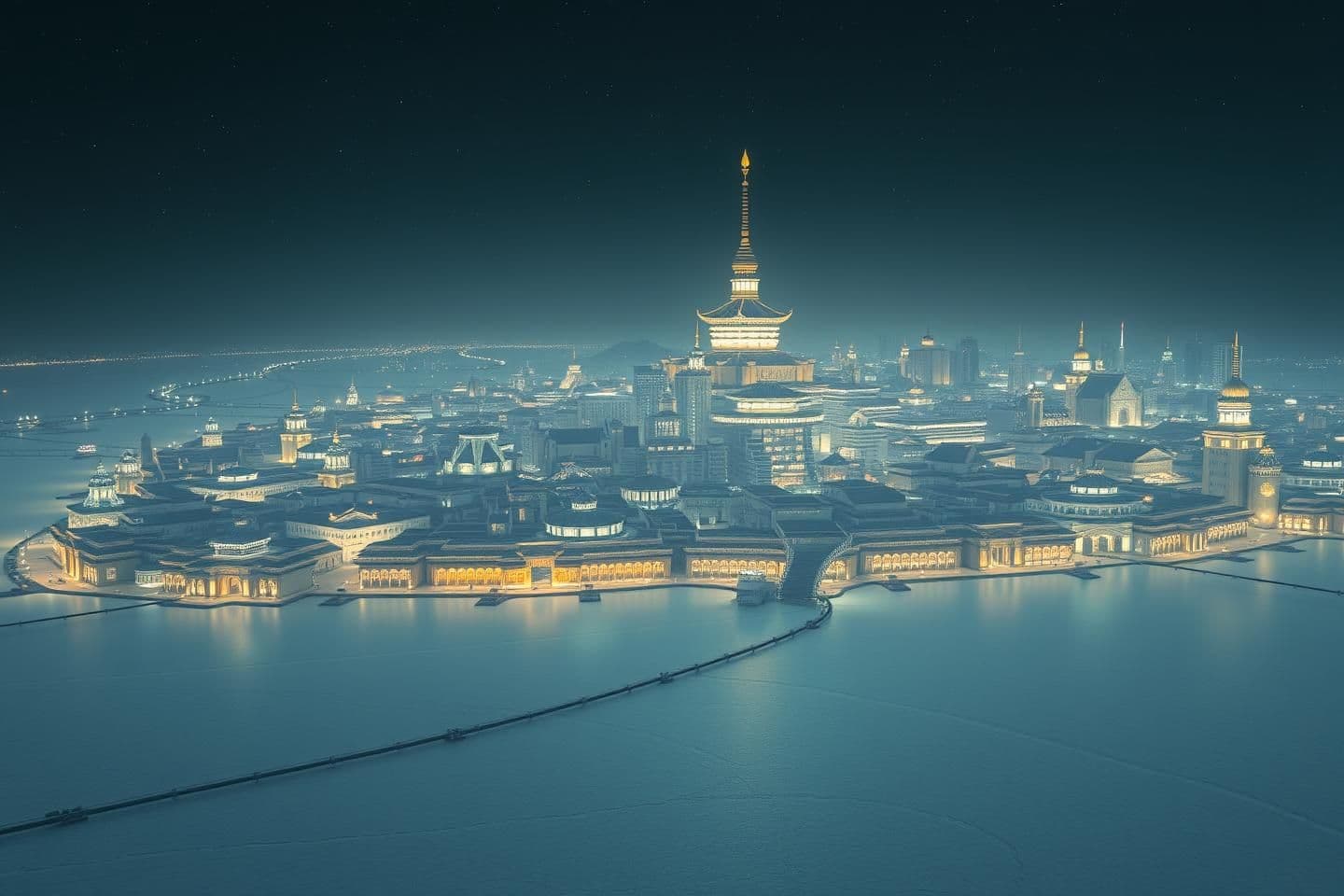 AI generated: Make a few images of a sprawling vast capital city in the middle of a vast salt flat at night. The city should have buildings that look modern and almost like ivory but should have